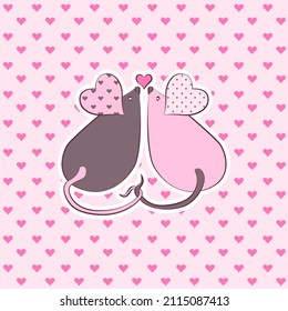 ratones lindos con fondo rosado y corazones. tarjeta de felicitación. vector