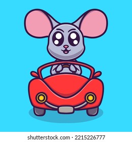 Cute mice riding car cartoon vector icon illustration