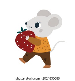 Cute mice with sweet strawberry isolated on white background. Childish vector cartoon character for children. Little mouse with fruit. Baby animal illustration for kids.  For nursery print, clothing