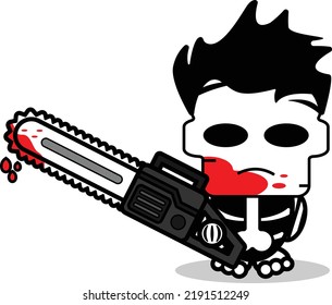 Cute Michael Mayer Bone Mascot Character Cartoon Vector Illustration Holding Bloody Saw Machine