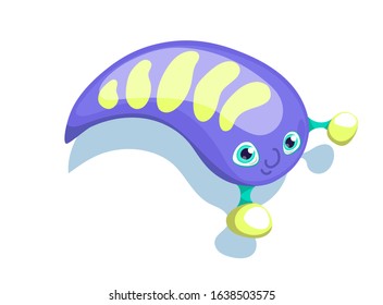 Cute microbe character vector illustration on white background. Violet striped microbe. Healthy bacteria sticker. Disease virus clipart. Hygiene concept for children. Friendly microorganism