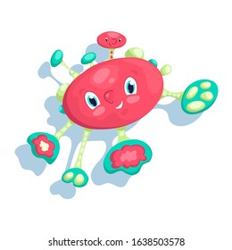 Cute microbe character vector illustration on white background. Red flu microbe. Healthy bacteria sticker. Disease virus clipart. Hygiene concept for children. Friendly microorganism