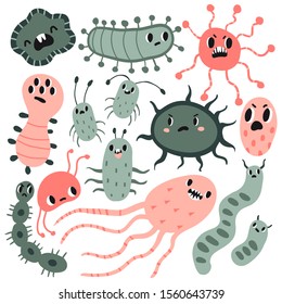 Cute Microbe Characters Collection. Set with kawaii infection Bacteria, Virus, Germ, Pathogen with angry faces. Good and bad microbes in flat style. Hand drawn vector illustration.
