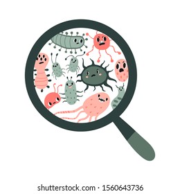 Cute Microbe Characters through magnifying glass. Kawaii infection Bacteria, Virus, Germ, Pathogen with angry faces under the loupe, lens, magnifier. Flat style hand drawn vector illustration