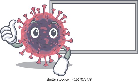 cute microbiology coronavirus cartoon character Thumbs up bring a white board
