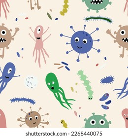 Cute Microorganism isolated on white background. Infectious germ, protist, microbe. Disease causing bacteria, viruses. Bright colored cartoon kids vector illustration.