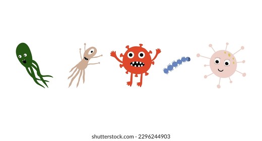 Cute Microorganism isolated on white background. Infectious germ, protist, microbe. Disease causing bacteria, viruses. Bright colored cartoon kids vector illustration.