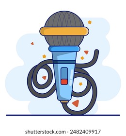 Cute microphone illustration icon. microphone icon concept. podcast recording microphone in studio. Audio device icon or print. Sound recording studio sticker, flat cartoon style vector illustration.