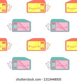 Cute Microwave Seamless Pattern. Sweet Cartoon Microwave oven with funny faces. Lovely Kawaii Style Design.