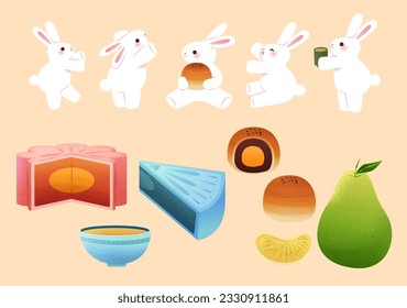 Cute Mid Autumn Festival element set isolated on beige background. Including white bunnies, mooncakes, pomelo, and cup of tea.