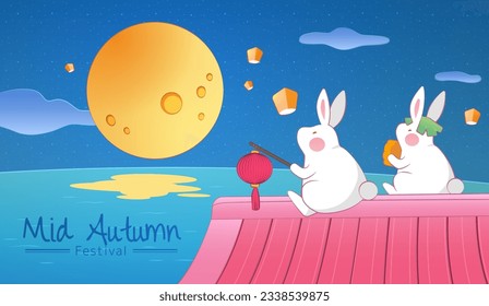 Cute Mid Autumn festival greeting card. Bunnies sitting on roof top at the waterfront watching giant full moon and sky lanterns.