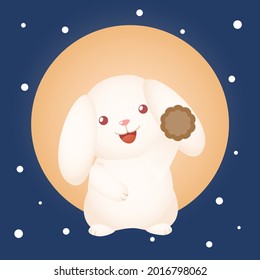 cute mid autumn festival long ear bunny rabbit holding moon cake with big moon background