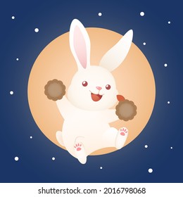 cute mid autumn festival rabbit bunny holding moon cake with big moon background