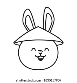 cute mid autumn rabbit with chinese hat head line style vector illustration design
