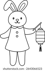 
Cute Mid-Autumn Festival bunny holding lantern outline vector illustration.
Mid autumn festival rabbit coloring page isolated.
moon festival rabbit.
Transparent background.
