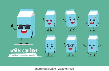 cute milk box cartoon with many expressions. different activity pose vector illustration flat design set with sunglasses.