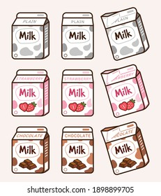 Cute milk box in different view; plain, strawberry and chocolate. Breakfast drinks cartoon icon vector illustration flat design drawing.