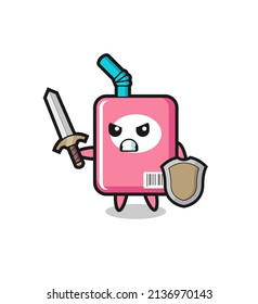 cute milk box soldier fighting with sword and shield , cute style design for t shirt, sticker, logo element