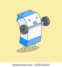 Cute Milk Boxes Doing Lift Weights. Vector Cartoon Illustration Icon Sport Mascot. Cartoon Style.
