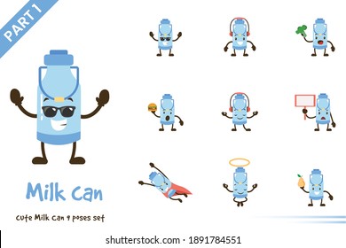 Cute milk can poses set. Vector cartoon illustration. Isolated on white background.
