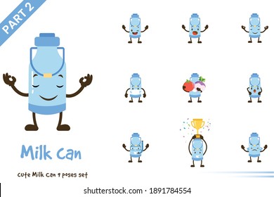 Cute milk can poses set. Vector illustration. Isolated on white background.