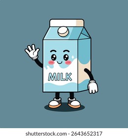 Personagem de desenho animado de caixa de leite bonito com luvas brancas acenando olá no fundo azul.