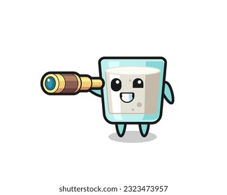 cute milk character is holding an old telescope , cute style design for t shirt, sticker, logo element