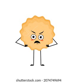 Cute milk cookie character with angry emotions, grumpy face, furious eyes, arms and legs. Cheerful baking person, biscuit with furious expression. Vector flat illustration