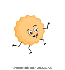 Cute milk cookie character with happy emotions, face, smile eyes, arms and legs. Cheerful baking person, biscuit with joyful expression. Vector flat illustration