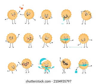 Cute milk cookie character with happy or sad emotions, panic, loving or brave face, hands and legs. Cheerful baking person, biscuit with expression with mask, glasses or hat. Vector flat illustration