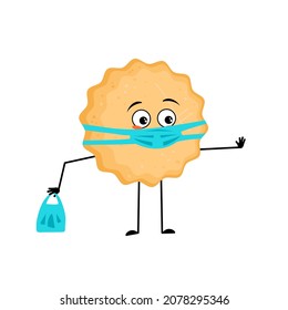 Cute milk cookie character with sad emotions, face and mask keep distance, hands with shopping bag and stop gesture. Melancholy baking person. Vector flat illustration