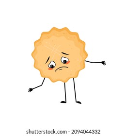 Cute milk cookie character with sad emotions, depressed face, down eyes, arms and legs. Baking person, biscuit with melancholy expression. Vector flat illustration