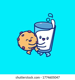 Cute Milk And Cookies Hugging Vector Icon Illustration. Breakfast Food Icon Concept Isolated Premium Vector. Flat Cartoon Style 