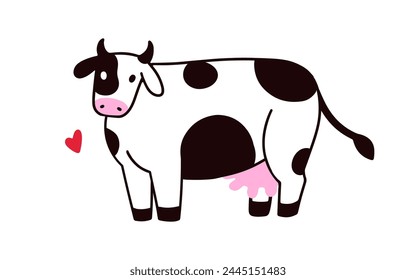 Cute milk cow, calf. Friendly dairy farm animal with spots, udder. Funny cattle, rural livestock, adorable domestic milker. Childrens flat graphic vector illustration isolated on white background