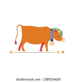 Cute milk cow flat hand drawn vector color character icon. Farm animal eats meadow flowers. Dairy brown Swiss cow grazing with cowbell. Farming mammals sign. Isolated Scandinavian cartoon illustration