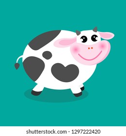 Cute milk cow smiling cartoon vector illustration concept. Fat happy cow on green background. Design for kid product.