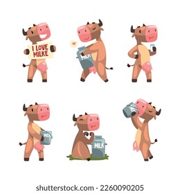 Cute Milk Cow with Udder Drinking Milk from Bucket and Carrying Can Vector Set
