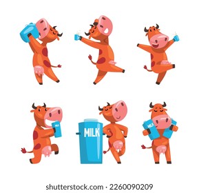 Cute Milk Cow with Udder Drinking Milk from Bucket and Mug Vector Set