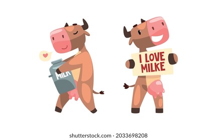 Cute Milk Cow with Udder Holding Milk Can and Banner Vector Set