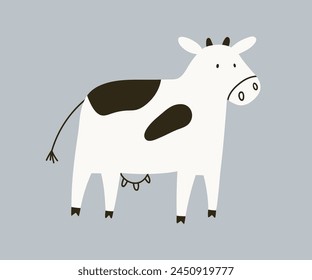 Cute milk dairy cow in Scandinavian doodle style. Adorable farm domestic animal. Black and white livestock, cattle. Countryside milker. Kids childish drawing, flat vector illustration