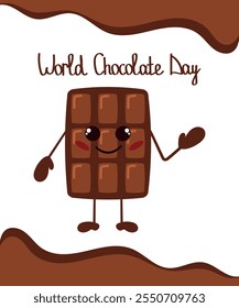 Cute milk or dark chocolate bar with a smile and the inscription World Chocolate Day. Vector illustration of a happy chocolate bar, eps 10, postcard, banner, poster