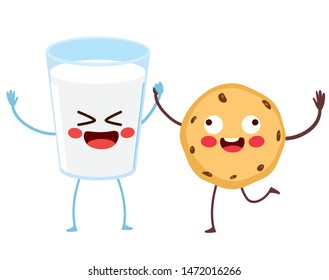 Cute milk glass and chocolate chip cookie food cartoon characters friends happy breakfast high five