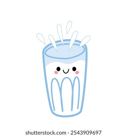 Cute milk glass and milk splash in a glass vector isolated icon. Vector illustration in a trendy flat style.