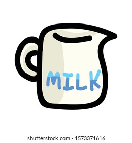 Cute Milk Jug Cartoon Vector Illustration. Hand Drawn Breakfast Dairy Element Clip Art for Kitchen Concept. Cream Graphic, Drink and Crockery Web Button Doodle Motif. 