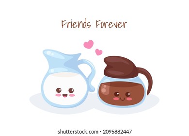 Cute Milk Jug and Coffee characters in cartoon kawaii style. Breakfast drinks set. Vector illustration isolated on white background. Use for card, fabric print, children poster. Americano with milk.