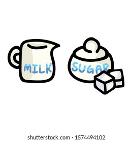 Cute Milk Jug and Sugar Pot Cartoon Vector Illustration. Hand Drawn Breakfast Dairy Element Clip Art for Kitchen Concept. Sweet Graphic, Drink and Crockery Web Button Doodle Motif. 