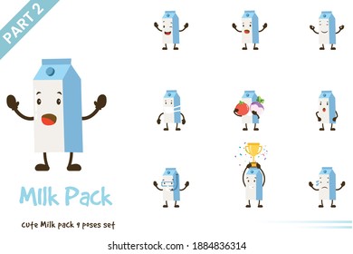 Cute milk pack poses set. Vector illustration. Isolated on white background.