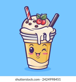 Lindo batido de leche con cereza bebida ilustración vectorial de dibujos animados.