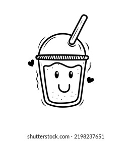 Cute milk tea character with doodle hand drawn style isolated on white background