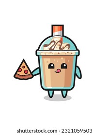 cute milkshake cartoon eating pizza , cute style design for t shirt, sticker, logo element